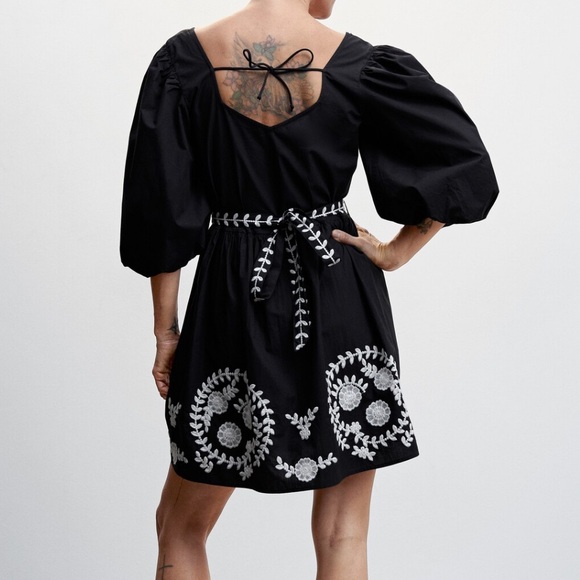 MNG Mango Black Square-Neck Puff Sleeve Mini Dress with White Floral Embroidery - Picture 16 of 16
